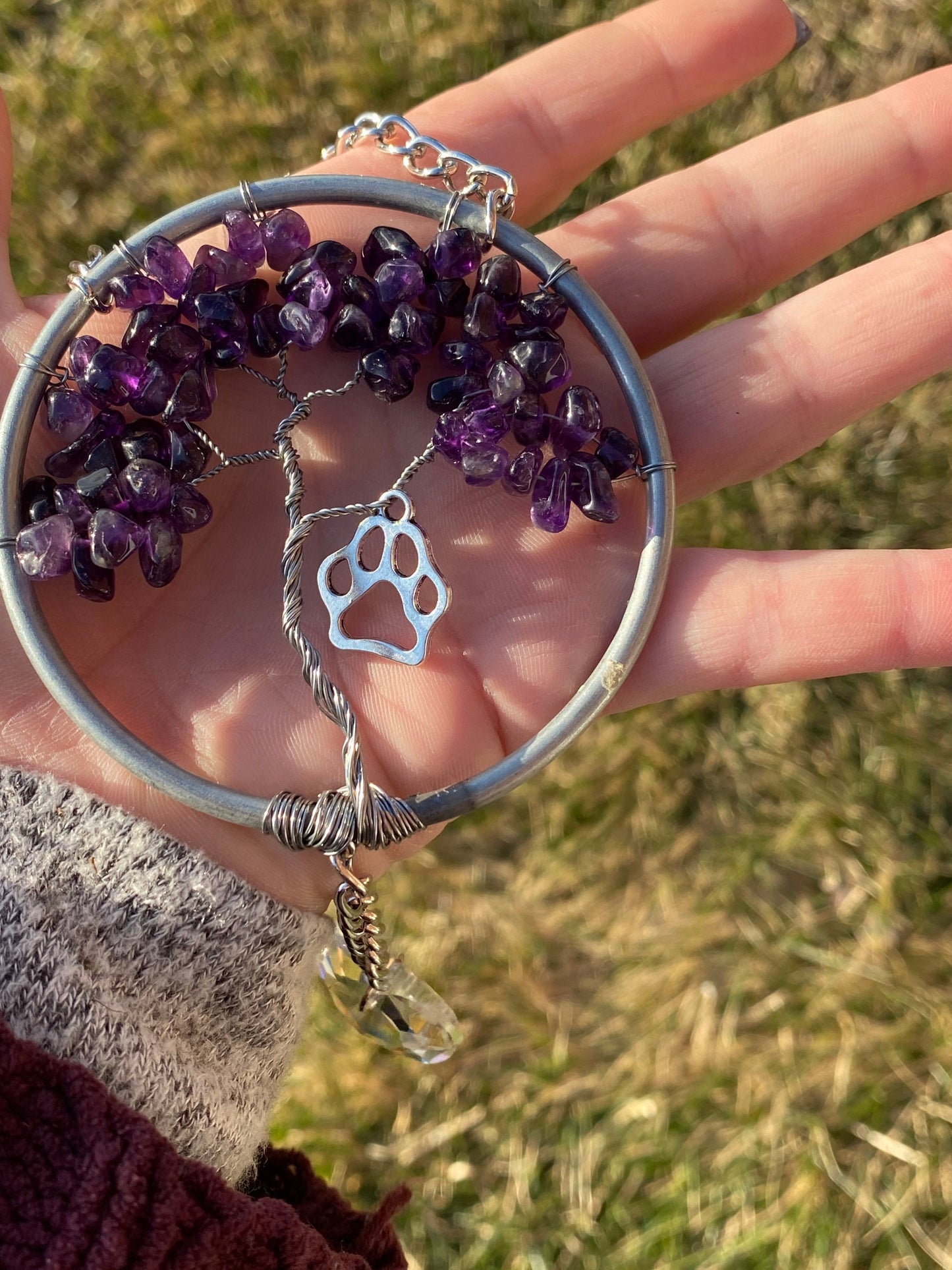 Amethyst Paw Suncatcher Tree of Life with Prism, Gift for Grieving, Gemstone Tree of Life, Crystal Home Decor