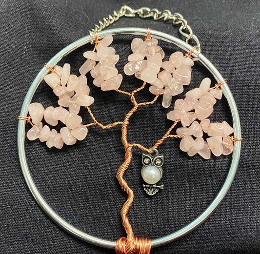 Rose quartz tree of life with pearl embellished owl.