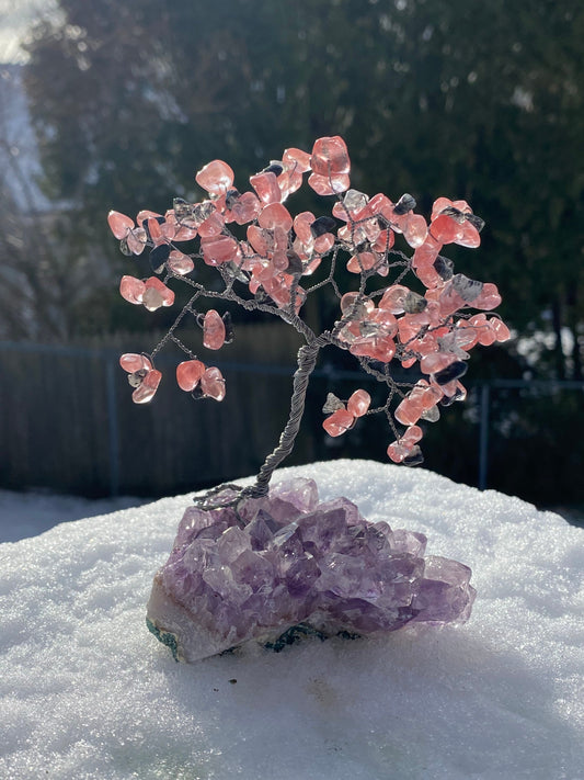 Cherry and Black Tourmalated Quartz Tree of Life, Crystal Home Decor