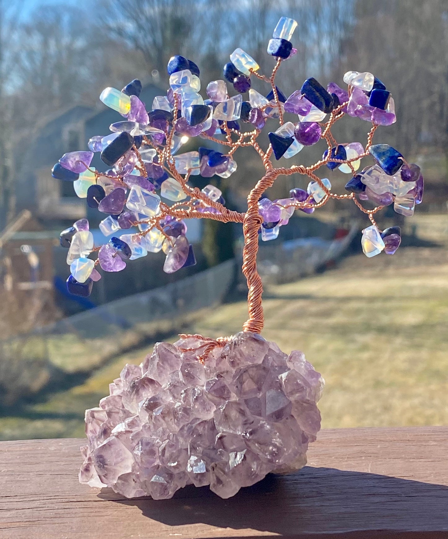 Lapis Lazuli, Amethyst and Opalite Wire Bonsai Tree of Life