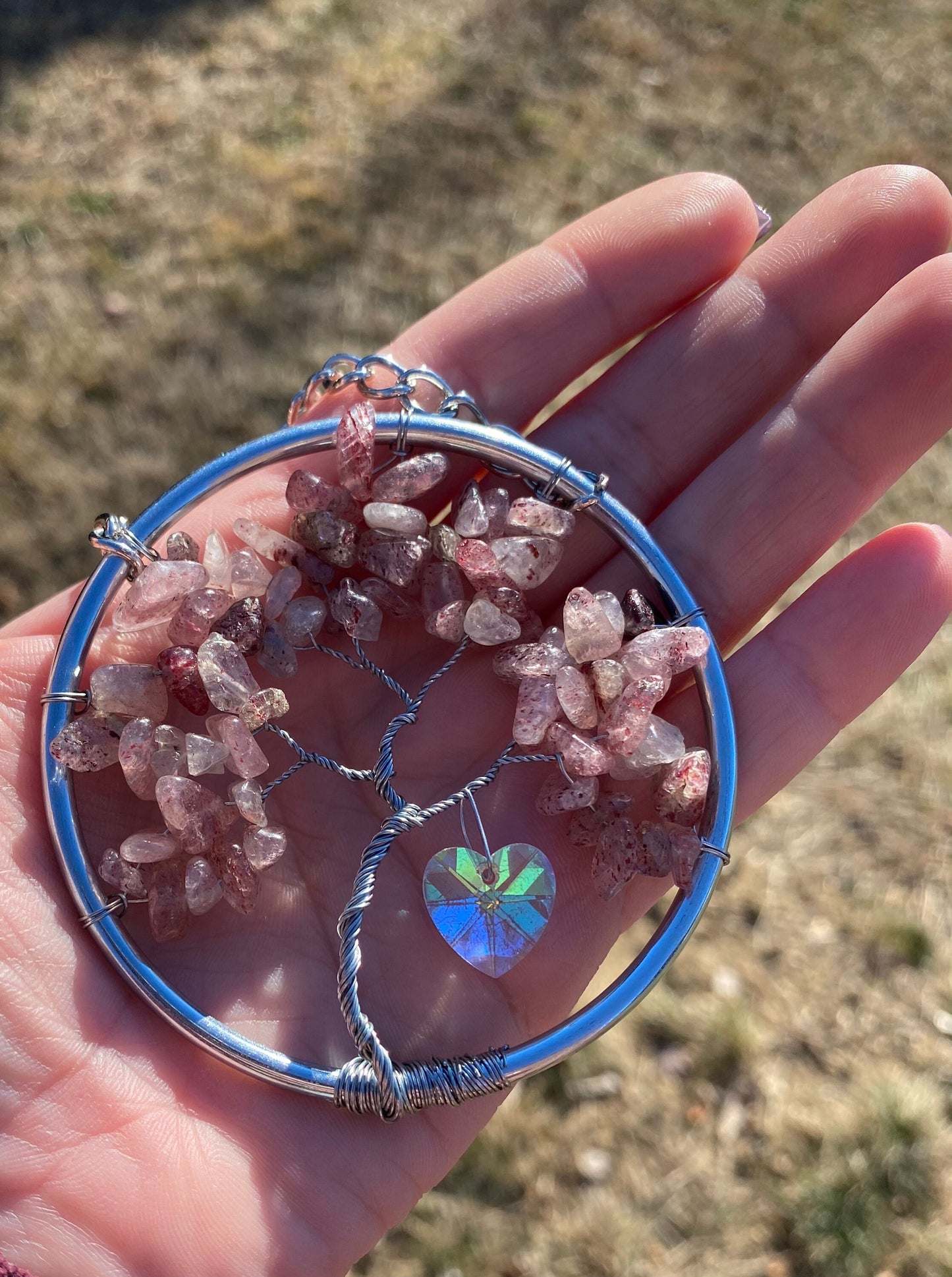 Mini strawberry quartz bonsai with matching Suncatcher gift set, gem tree, crystal home decor