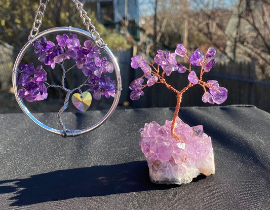 Mini Amethyst bonsai and Suncatcher gift set,gemstone tree of life, crystal home decor