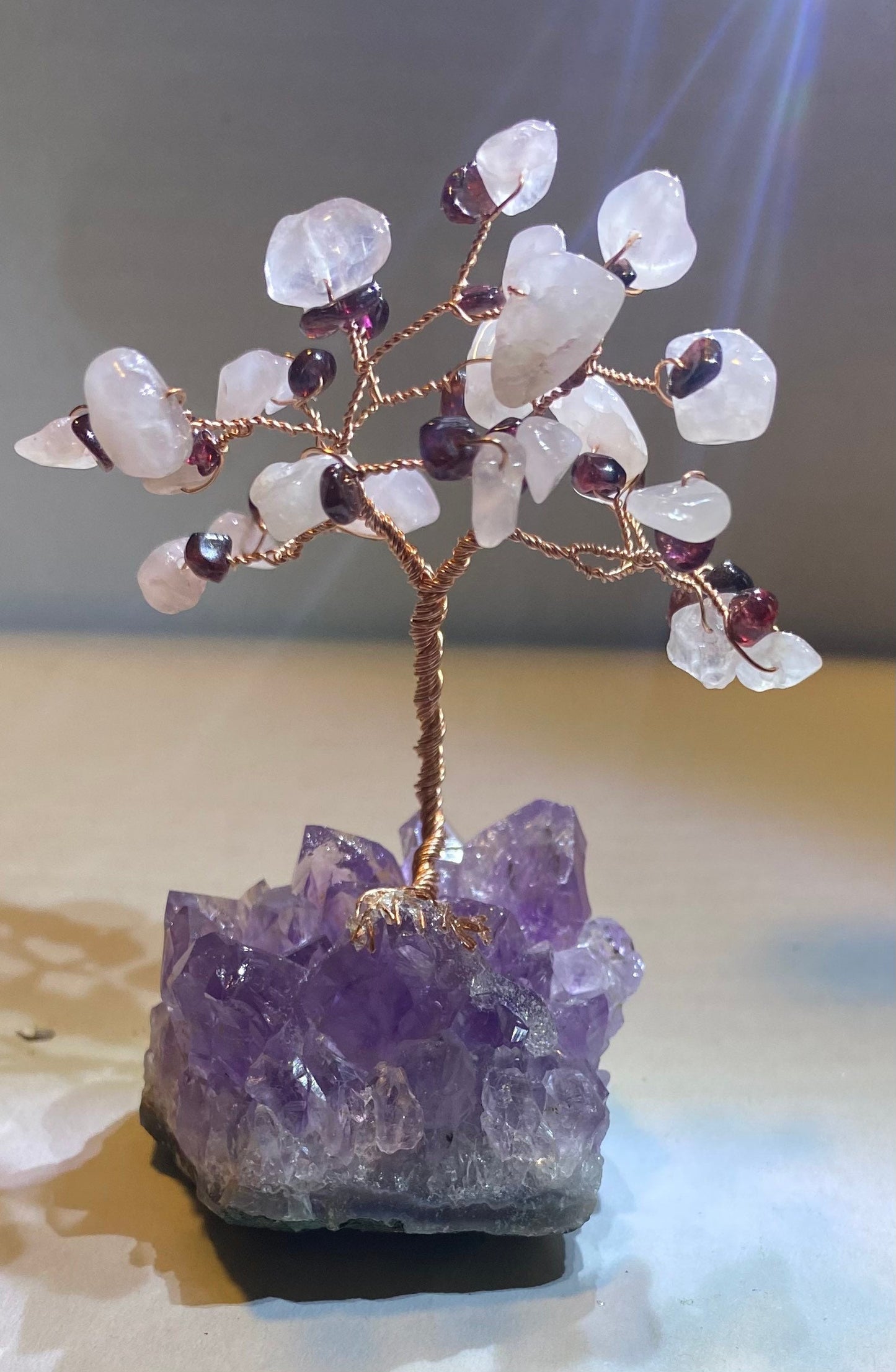 Mini rose quartz and garnet tree