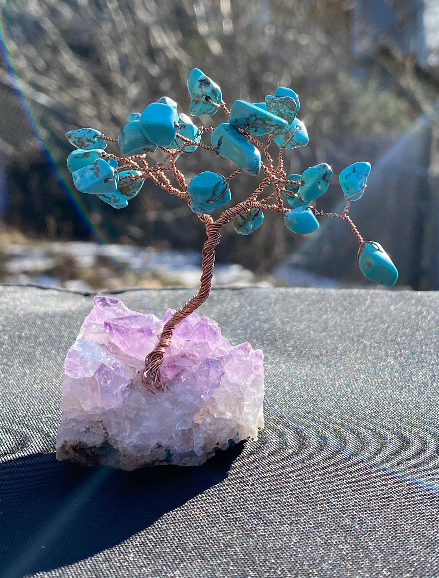 Mini turquoise bonsai on amethyst, Mother's Day, reiki, crystal gift