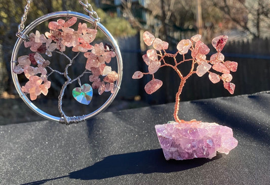 Mini strawberry quartz bonsai with matching Suncatcher gift set, gem tree, crystal home decor