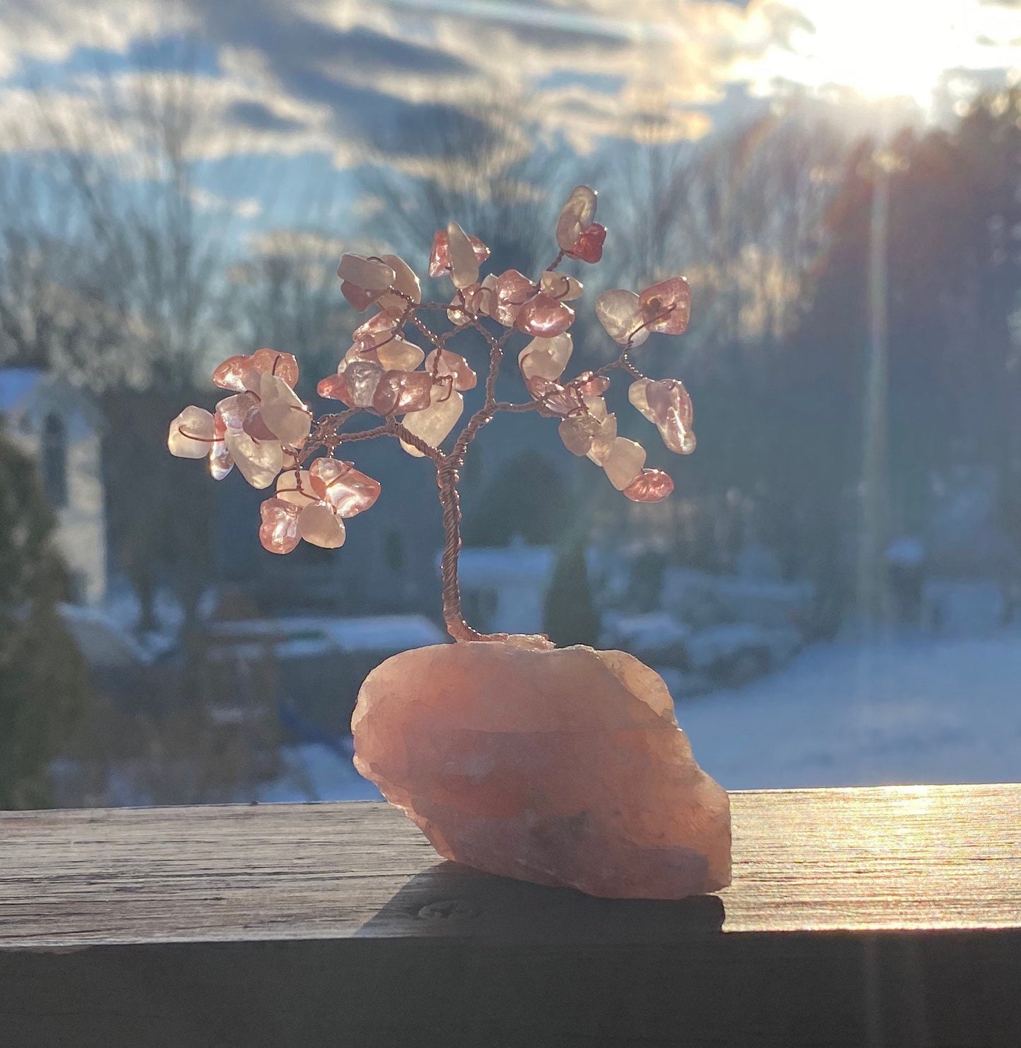 Mini cherry blossom bonsai on rose quartz, gem tree, crystal home decor, Mother's Day gift