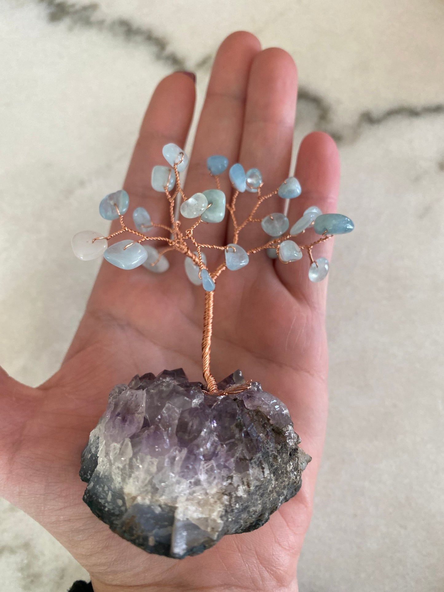 Mini bonsai aquamarine gift set March birthstone