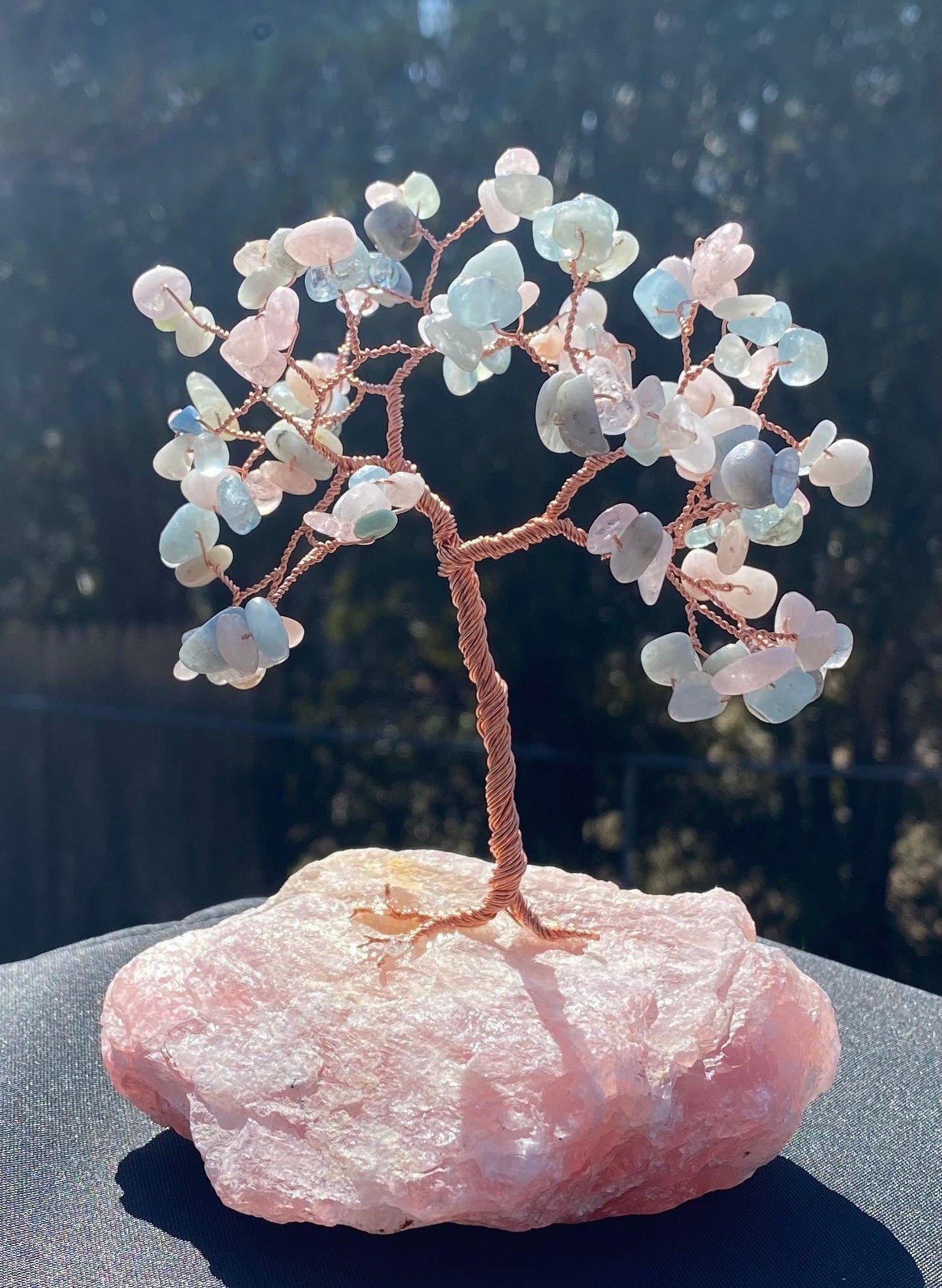 Tree of Life and Love, Morganite and Rose Quartz, Wire Bonsai Crystal Tree
