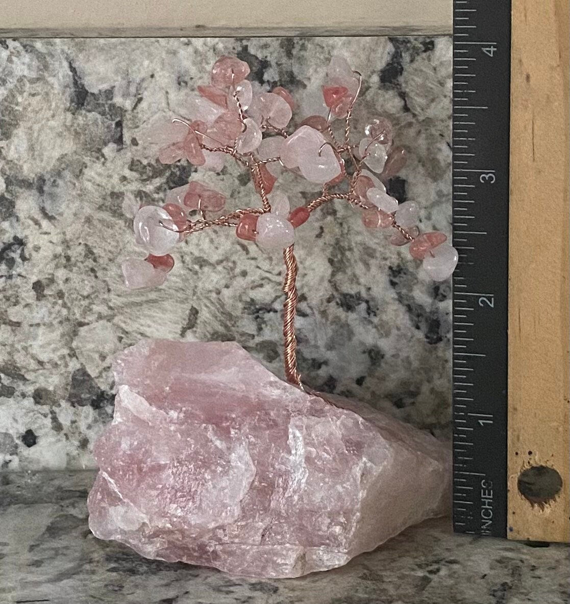 Mini cherry blossom bonsai on rose quartz, gem tree, crystal home decor, Mother's Day gift