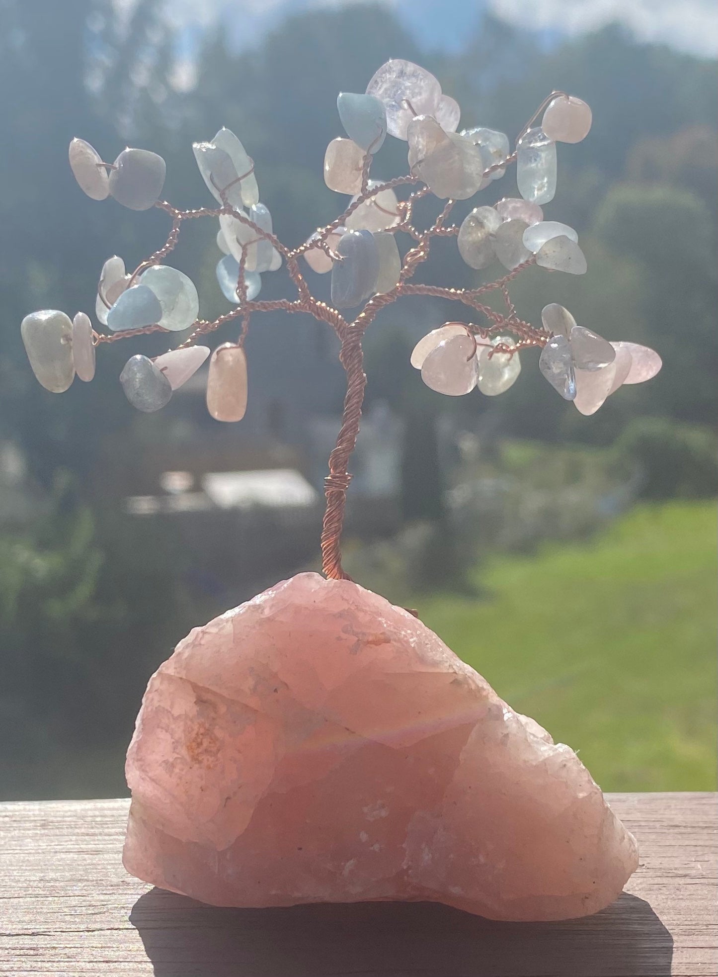 Mini morganite bonsai on rose quartz