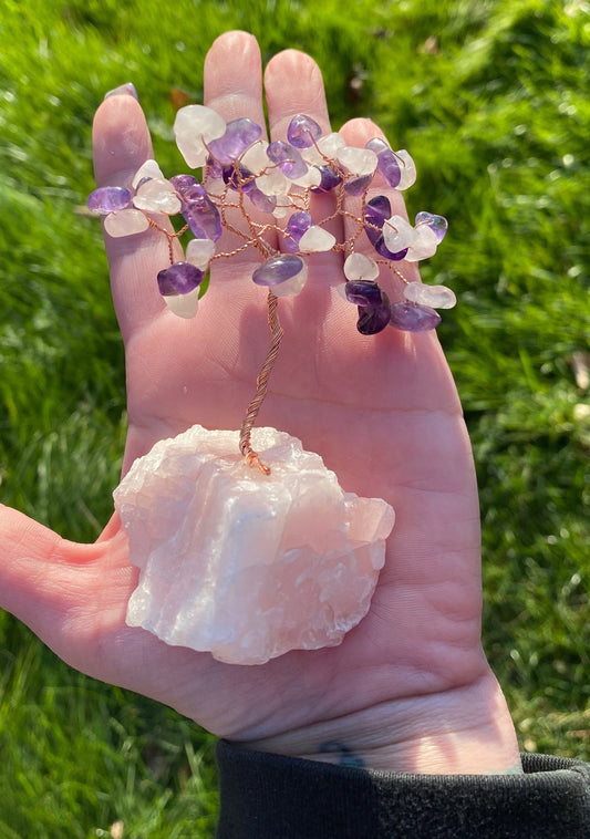 Mini rose quartz and amethyst on rose quartz crystal wire tree, gem tree, reiki, healing crystal, teen gift