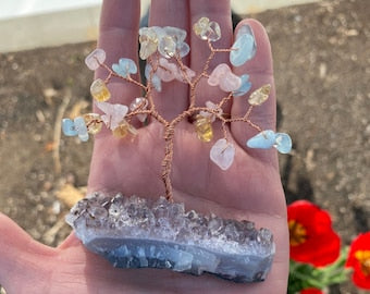 Mini gem tree rose quartz aquamarine citrine, wire tree, crystal home decor
